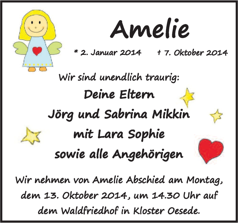  Traueranzeige für Amelie  vom 10.10.2014 aus Neue Osnabrücker Zeitung GmbH & Co. KG