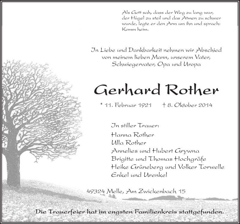  Traueranzeige für Gerhard Rother vom 15.10.2014 aus Neue Osnabrücker Zeitung GmbH & Co. KG