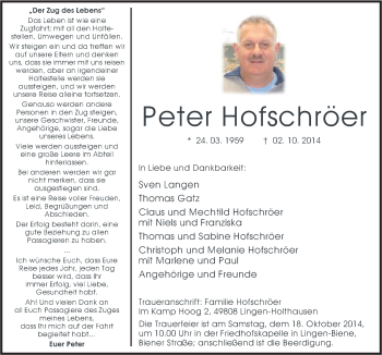 Traueranzeige von Peter Hofschröer von Neue Osnabrücker Zeitung GmbH & Co. KG