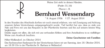 Traueranzeige von Bernhard Wessendarp von Neue Osnabrücker Zeitung GmbH & Co. KG