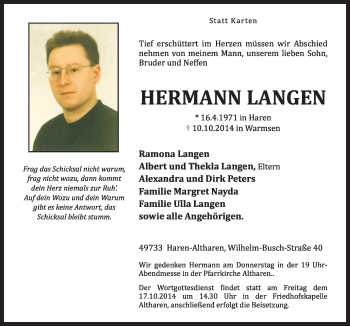 Traueranzeige von Hermann Langen von Neue Osnabrücker Zeitung GmbH & Co. KG