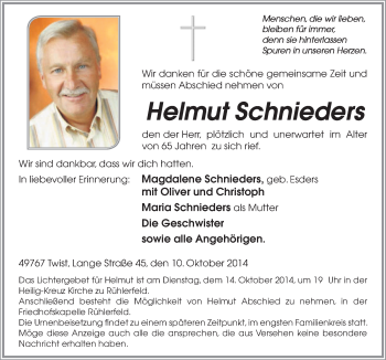 Traueranzeige von Helmut Schnieders von Neue Osnabrücker Zeitung GmbH & Co. KG