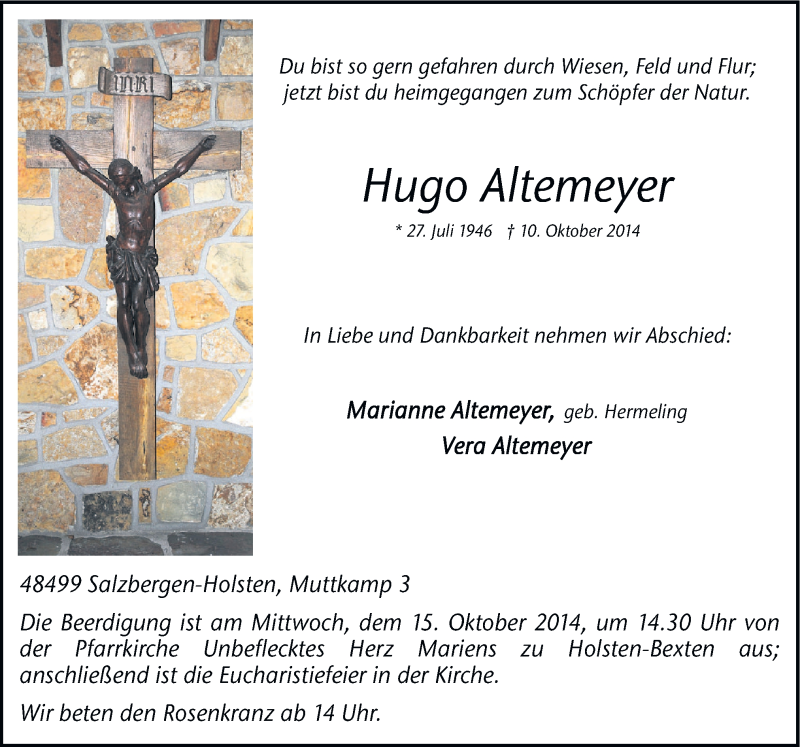  Traueranzeige für Hugo Altemeyer vom 13.10.2014 aus Neue Osnabrücker Zeitung GmbH & Co. KG