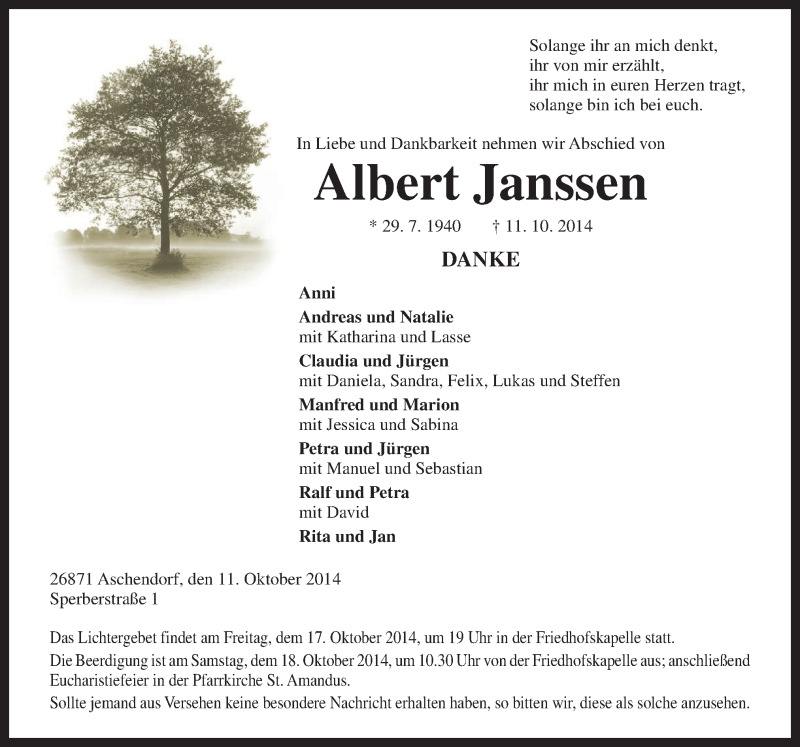  Traueranzeige für Albert Janssen vom 14.10.2014 aus Neue Osnabrücker Zeitung GmbH & Co. KG
