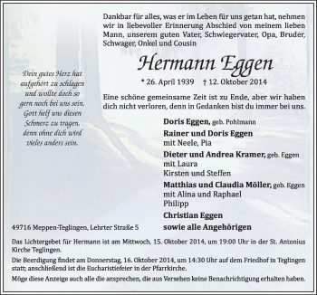 Traueranzeige von Hermann Eggen von Neue Osnabrücker Zeitung GmbH & Co. KG