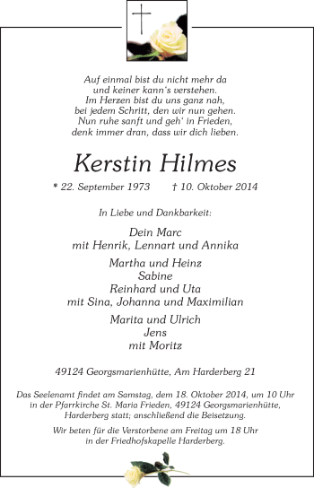 Traueranzeige von Kerstin Hilmes von Neue Osnabrücker Zeitung GmbH & Co. KG