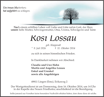 Traueranzeige von Rosi Lossau von Neue Osnabrücker Zeitung GmbH & Co. KG