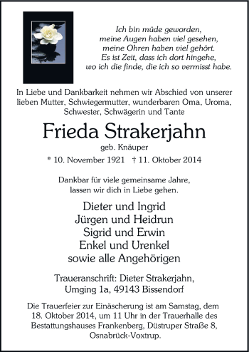 Traueranzeige von Frieda Strakerjahn von Neue Osnabrücker Zeitung GmbH & Co. KG