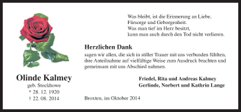 Traueranzeige von Olinde Klamey von Neue Osnabrücker Zeitung GmbH & Co. KG