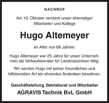 Traueranzeige von Hugo Altemeyer von Neue Osnabrücker Zeitung GmbH & Co. KG