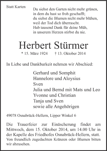 Traueranzeige von Herbert Stürmer von Neue Osnabrücker Zeitung GmbH & Co. KG