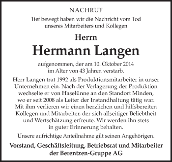 Traueranzeige von Hermann Langen von Neue Osnabrücker Zeitung GmbH & Co. KG