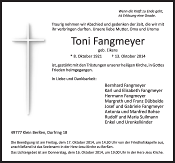 Traueranzeige von Toni Fangmeyer von Neue Osnabrücker Zeitung GmbH & Co. KG