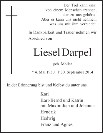 Traueranzeige von Liesel Darpel von Neue Osnabrücker Zeitung GmbH & Co. KG