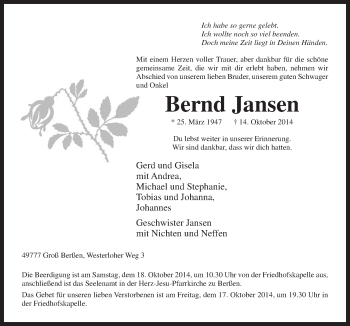 Traueranzeige von Bernd Jansen von Neue Osnabrücker Zeitung GmbH & Co. KG