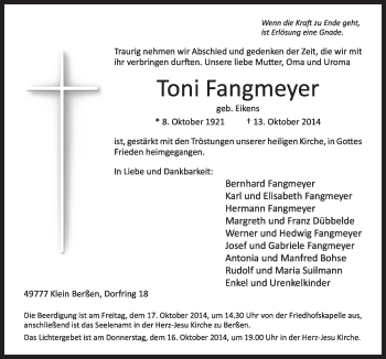 Traueranzeige von Toni Fangmeyer von Neue Osnabrücker Zeitung GmbH & Co. KG