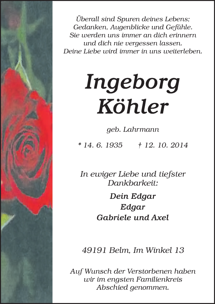  Traueranzeige für Ingeborg Köhler vom 18.10.2014 aus Neue Osnabrücker Zeitung GmbH & Co. KG