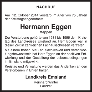 Traueranzeige von Hermann Eggen von Neue Osnabrücker Zeitung GmbH & Co. KG