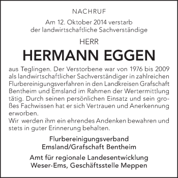 Traueranzeige von Hermann Eggen von Neue Osnabrücker Zeitung GmbH & Co. KG