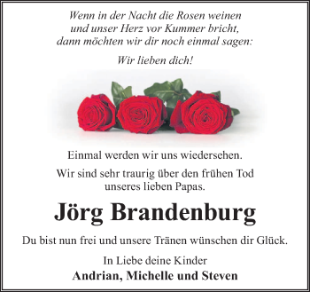 Traueranzeige von Jörg Brandenburg von Neue Osnabrücker Zeitung GmbH & Co. KG