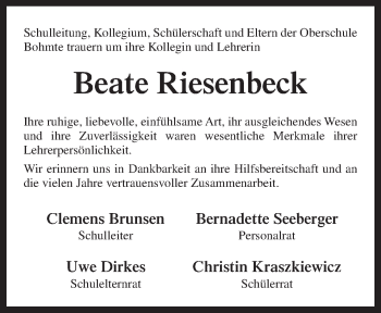 Traueranzeige von Beate Riesenbeck von Neue Osnabrücker Zeitung GmbH & Co. KG