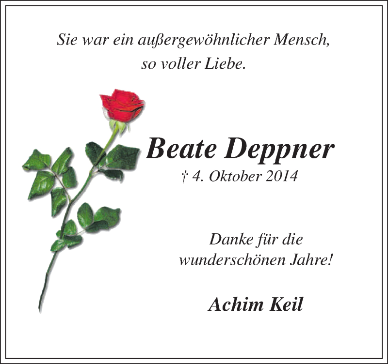  Traueranzeige für Beate Deppner vom 17.10.2014 aus Neue Osnabrücker Zeitung GmbH & Co. KG