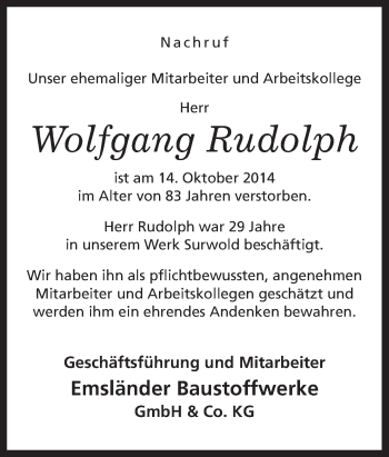 Traueranzeige von Wolfgang Rudolph von Neue Osnabrücker Zeitung GmbH & Co. KG