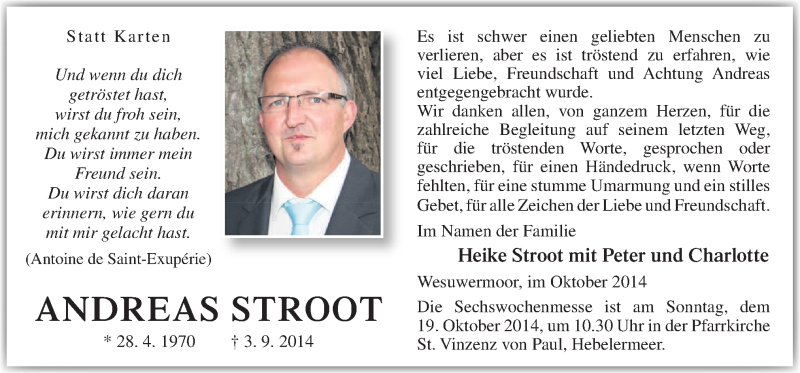  Traueranzeige für Andreas Stroot vom 17.10.2014 aus Neue Osnabrücker Zeitung GmbH & Co. KG