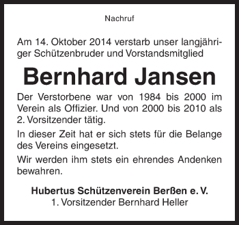 Traueranzeige von Bernhard Jansen von Neue Osnabrücker Zeitung GmbH & Co. KG