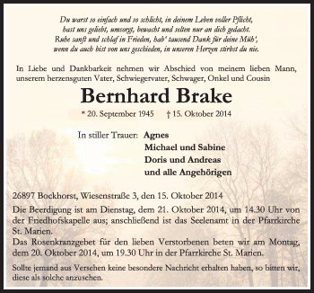 Traueranzeige von Bernhard Brake von Neue Osnabrücker Zeitung GmbH & Co. KG