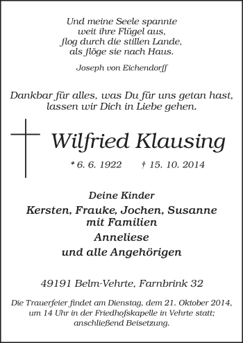 Traueranzeige von Wilfried  Klausing von Neue Osnabrücker Zeitung GmbH & Co. KG