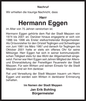 Traueranzeige von Hermann Eggen von Neue Osnabrücker Zeitung GmbH & Co. KG