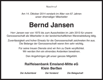 Traueranzeige von Bernd Jansen von Neue Osnabrücker Zeitung GmbH & Co. KG