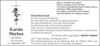 Traueranzeige von Karola Markus von Neue Osnabrücker Zeitung GmbH & Co. KG