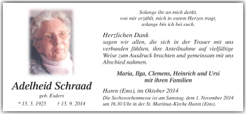 Traueranzeige von Adelheide Schraad von Neue Osnabrücker Zeitung GmbH & Co. KG
