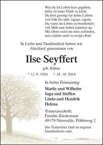 Traueranzeige von Ilse Seyffert von Neue Osnabrücker Zeitung GmbH & Co. KG