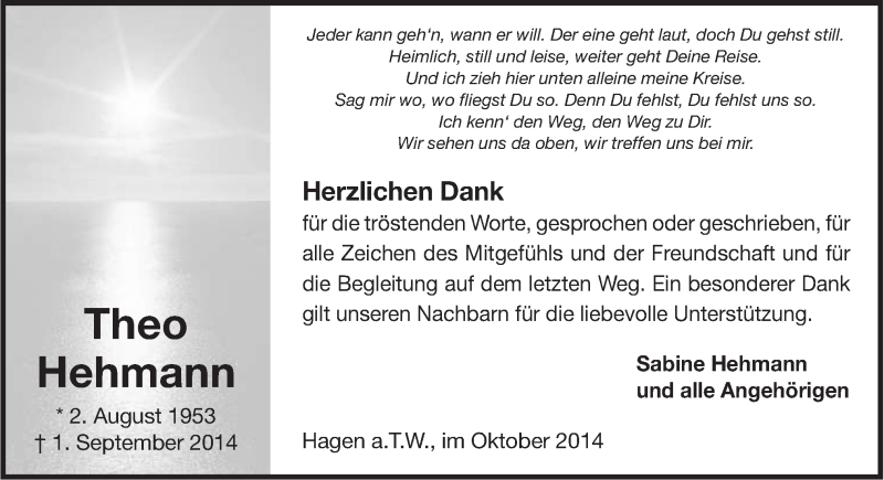  Traueranzeige für Theo Hehmann vom 18.10.2014 aus Neue Osnabrücker Zeitung GmbH & Co. KG