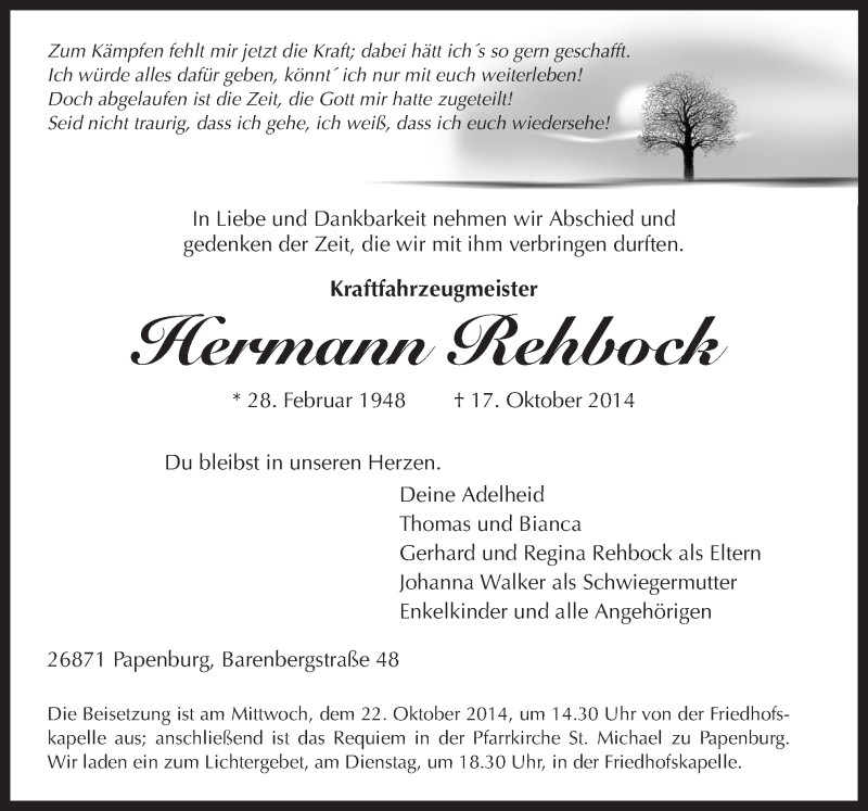  Traueranzeige für Hermann Rehbock vom 20.10.2014 aus Neue Osnabrücker Zeitung GmbH & Co. KG