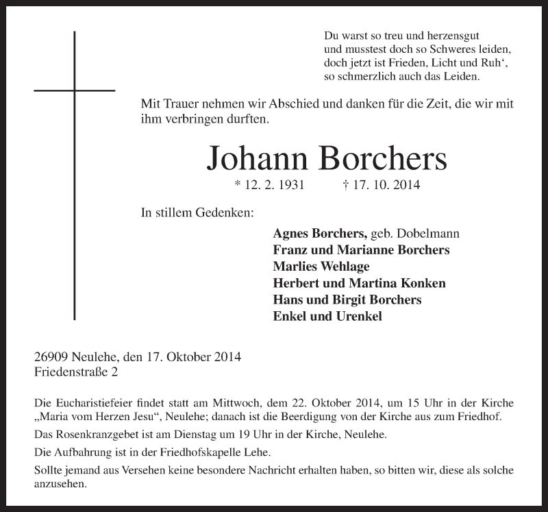  Traueranzeige für Johann Borchers vom 20.10.2014 aus Neue Osnabrücker Zeitung GmbH & Co. KG