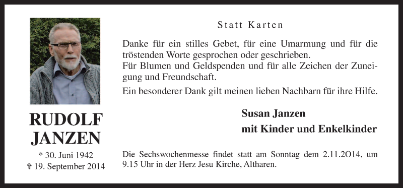  Traueranzeige für Rudolf Janzen vom 25.10.2014 aus Neue Osnabrücker Zeitung GmbH & Co. KG