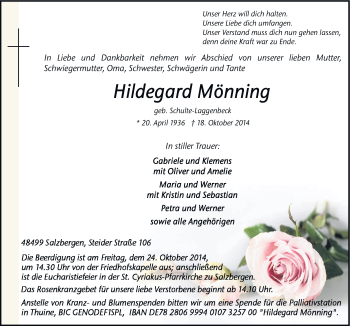 Traueranzeige von Hildegard Mönning von Neue Osnabrücker Zeitung GmbH & Co. KG