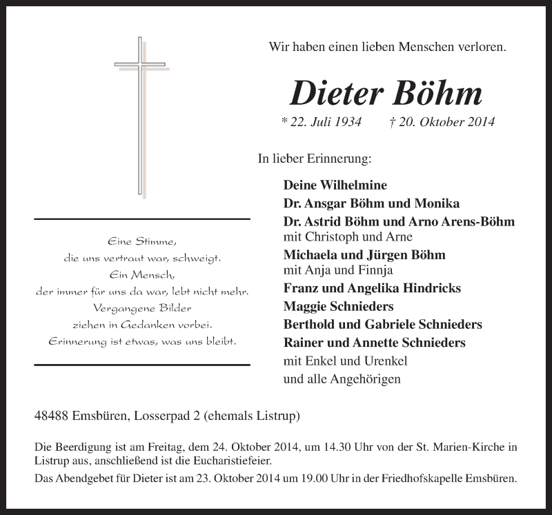  Traueranzeige für Dieter Böhm vom 22.10.2014 aus Neue Osnabrücker Zeitung GmbH & Co. KG