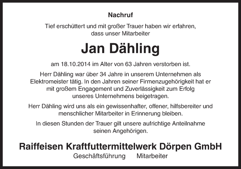  Traueranzeige für Jan Dähling vom 25.10.2014 aus Neue Osnabrücker Zeitung GmbH & Co. KG