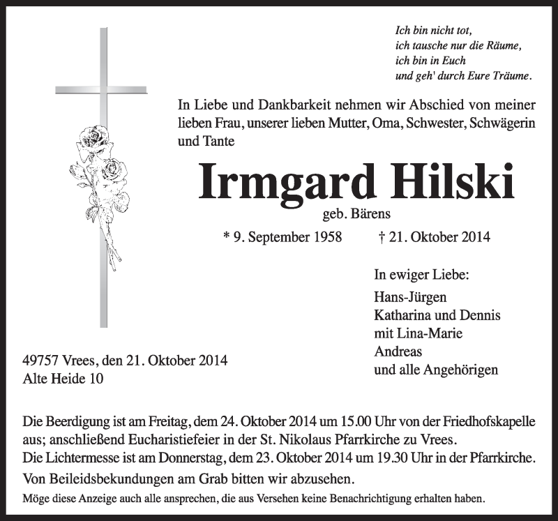  Traueranzeige für Irmgard Hilski vom 23.10.2014 aus Neue Osnabrücker Zeitung GmbH & Co. KG