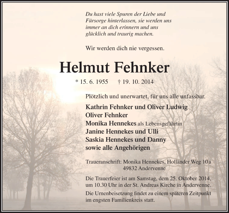  Traueranzeige für Helmut Fehnker vom 23.10.2014 aus Neue Osnabrücker Zeitung GmbH & Co. KG