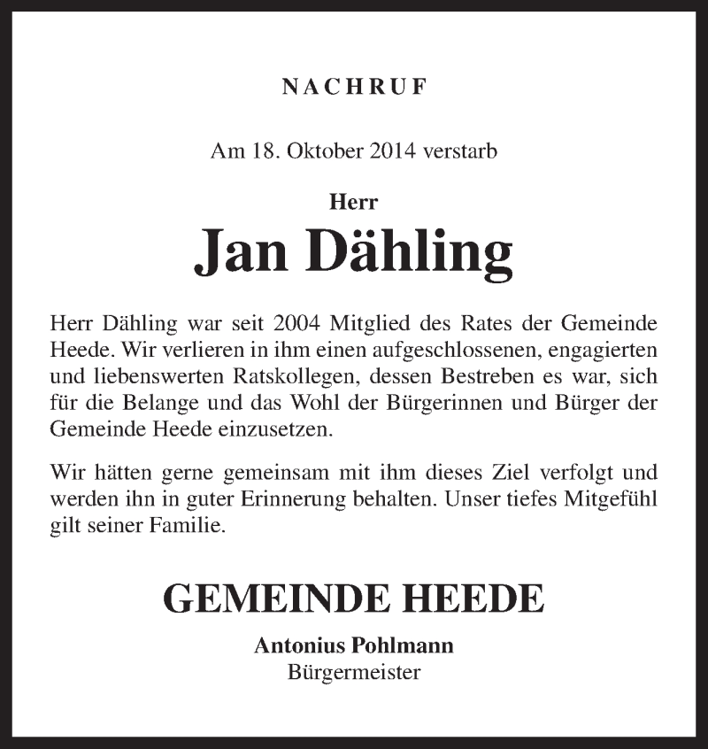  Traueranzeige für Jan Dähling vom 23.10.2014 aus Neue Osnabrücker Zeitung GmbH & Co. KG