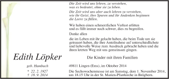 Traueranzeige von Edith Löpke von Neue Osnabrücker Zeitung GmbH & Co. KG