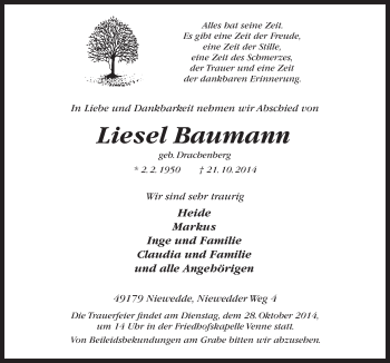 Traueranzeige von Liesel Baumann von Neue Osnabrücker Zeitung GmbH & Co. KG