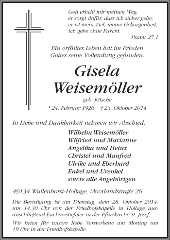 Traueranzeige von Gisela Weisemöller von Neue Osnabrücker Zeitung GmbH & Co. KG