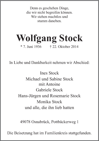 Traueranzeige von Wolfgang Stock von Neue Osnabrücker Zeitung GmbH & Co. KG